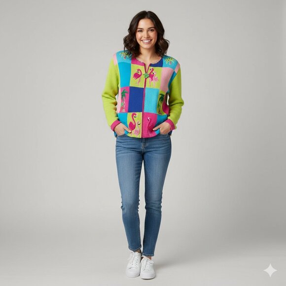 Jack B. Quick Sweaters - Jack B Quick Women’s Flamingo Pink Colorblock Sweater Pearl Embellished Collar